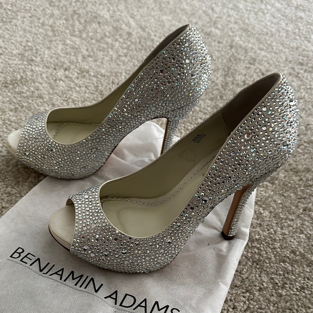 Benjamin Adan’s London Silver Rhinestone Peep Toe Heels
